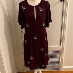 Moulinette Soeurs Deep Red Midi Dress with Butterfly Accents